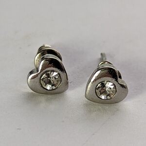 💕 Heart Vintage Earrings Silvertone with clear rhinestone surgical posts, love